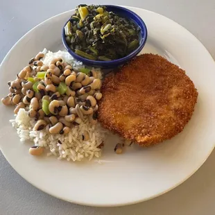Fried pork chop and greens!
