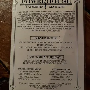 Menu - hours and deals 5/13/2023