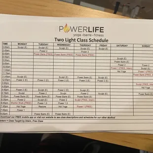 Power Life Two Light Class Schedule