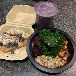 Toast on gluten free bread, Bad Date smoothie, grain bowl