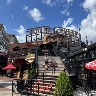 a staircase leading to a restaurant