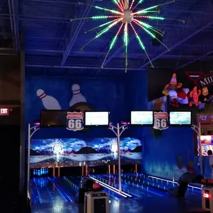 a bowling alley with bowling lanes