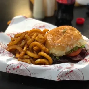 Pastrami Burger and Curly Fries