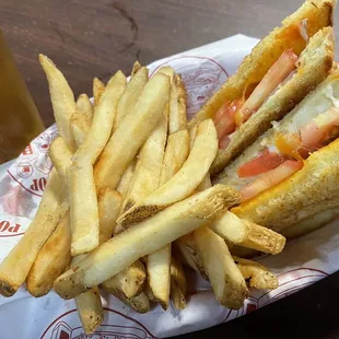 grilled cheese plus tomato, fries, pbr