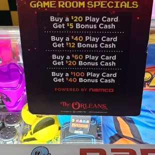 Our game room specials.