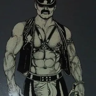 a drawing of a man in a leather outfit
