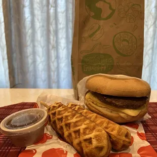 Sausage Waffle Sticks and OMG Breakfast Sandwich