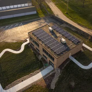 Aerial shot of our main office highlighting the solar we installed in 2019.