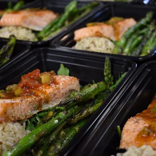 Wild caught salmon, Brown rice, grilled asparagus