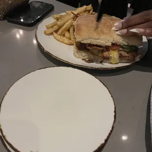 Grilled chicken and bacon sandwich in ciabatta