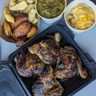 Family meal. Whole chicken with three sides