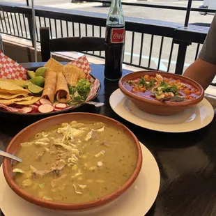 Pozole verde and pozole rojo and the all the good stuff!