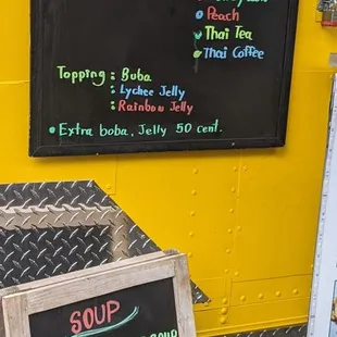Side menu of chicken soup, smoothies and da bubbs