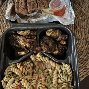 Rasta pasta, brussel sprouts, fried salmon