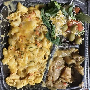 Crawfish Mac, Garden salad and cabbage