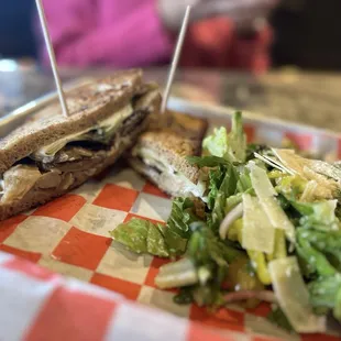 Super savory Mushroom melt and a refreshing side salad with healthy shavings of Parmesan