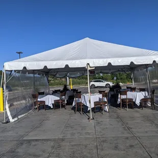 people sitting at tables under a tent