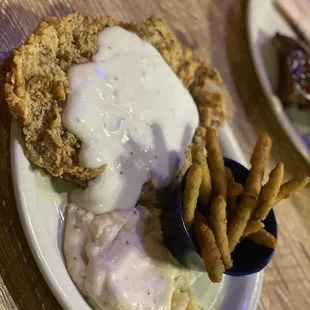 Chicken fried steak, mashed potatoes, fried green beans