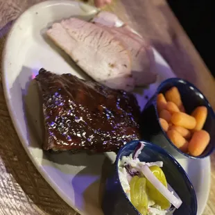 Turkey, ribs, coleslaw, glazed carrots