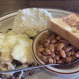 Hamburger Steak with Mushrooms &amp; Mozzarella Cheese, Pinto Beans, Mashed Potatoes &amp; Toast