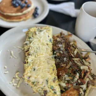 Napa Omelette with Quinoa and Onion Hash Browns, Blueberry Pancakes