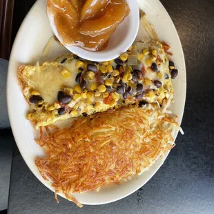Fire roasted corn and black bean omelet with hash browns and cinnamon apples.