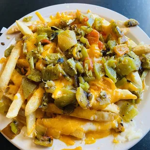 Cheese fries with Hatch, NM green chile