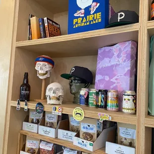 a shelf of food items