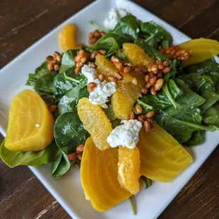 Roasted Golden Beet &amp; Orange Supreme Salad |  9
baby spinach * red chile candied piñon * goat cheese * citrus vinaigrette