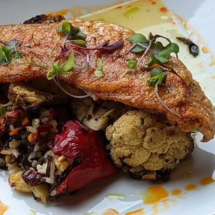 Pan Roasted Snake River Ruby Trout |  baked apple &amp; cranberry wild rice stuffed piquillo peppers * chipotle lime cauliflower * rosemary be