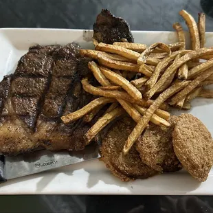 Ribeye -w- fries and fried green tomatoes