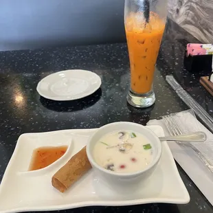 Tum Kah soup- excellent flavor!! Fried spring roll &amp; Thai tea. Definitely recommend this delicious lunch combo!!