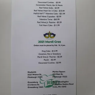 a menu for valentine's day