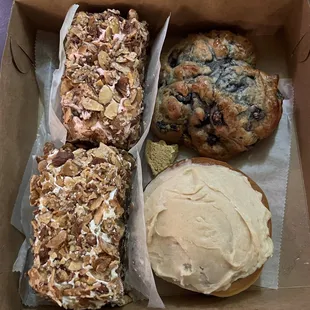 Raspberry almond torte (top left), original almond torte (bottom left), blueberry scone (top right), cinnamon roll