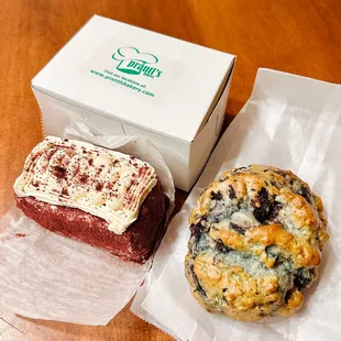 Blueberry scone and red velvet cake.