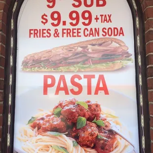 Angel hair pasta with meatball &amp; cold sub