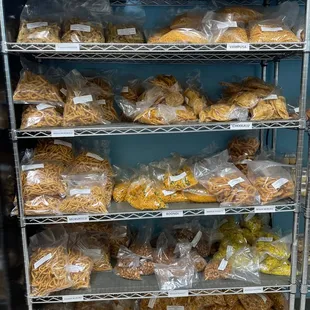 a rack of bread and pastries