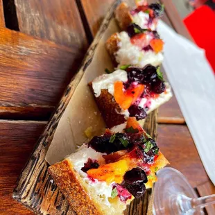 Close-Up Burrata Crostini with Grilled Peaches~ Blueberry~ Mint!