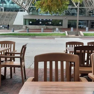 Sidewalk seating across from convention center