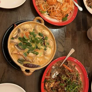 Left to right: Pad Thai Stir-Fried Noodle, Tom Kha, Spicy Basil Fried Rice