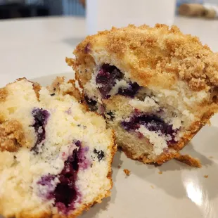 a blueberry muffin cut in half