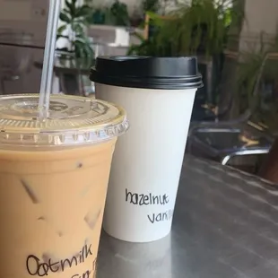 Iced oat milk, sugar-free caramel latte and a hot vanilla hazelnut latte