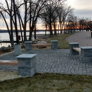 a view of a lake and park