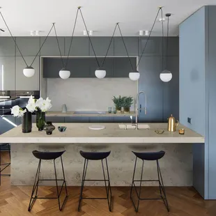 Corian Quartz Natural Cement color countertop and island backsplash.