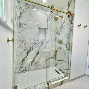 Crescent Series Frameless Shower Slider in Satin Brass Hardware and Clear Glass