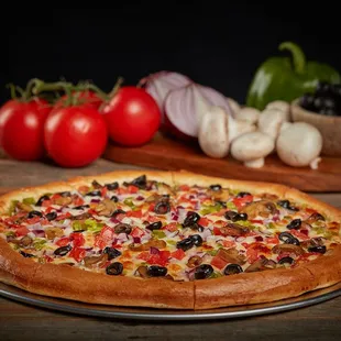 a whole pizza on a pan