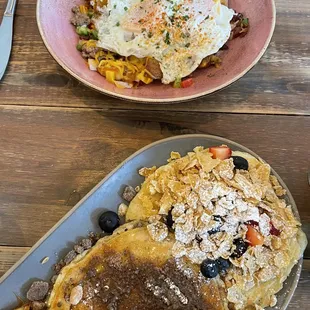 Protein Scramble with bacon, plus flight of Milk &amp; Cereal, coffee cake, and pb choc chip