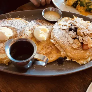 This is make your own pancake flight. 3 pancakes of your choice. Pictured is the cereal and then 2 reg.