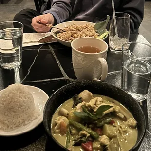 ( L ) Pineapple Fried Rice, Green Curry with chicken,