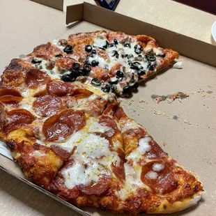 Half Pepperoni, half sausage and black olive